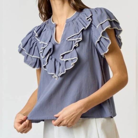Dusty Blue Ruffle Short Sleeve V-neck Top NWOT - Picture 1 of 5